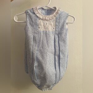 Blue Floral Baby Bubble Romper with White Ruffle Collar